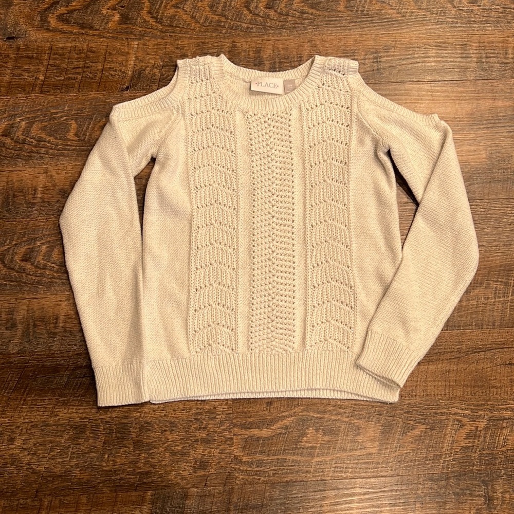 Children’s Place Girl’s 7/8 White with Silver Cut out Shoulders Sweater